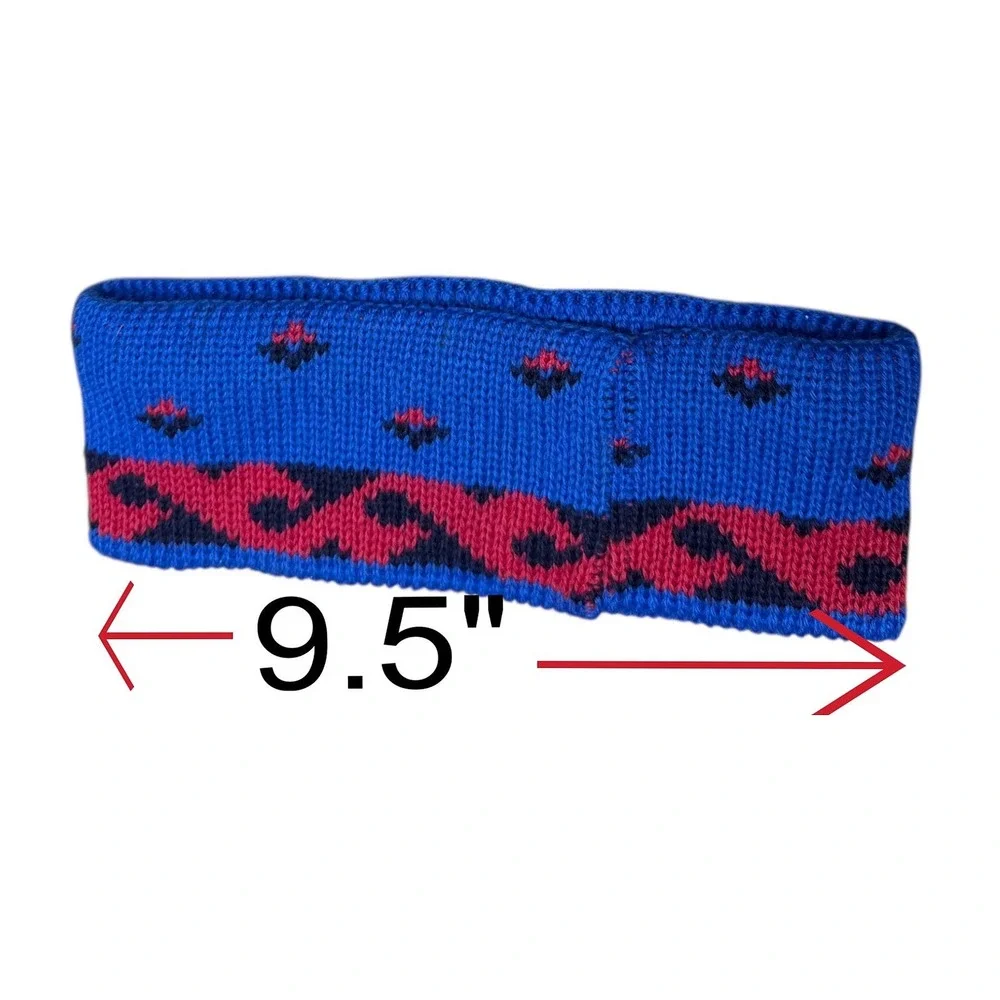 Vintage Lands End‎ Wool Beanie Headband Set Blue Red Geometric Pom Pom One Size